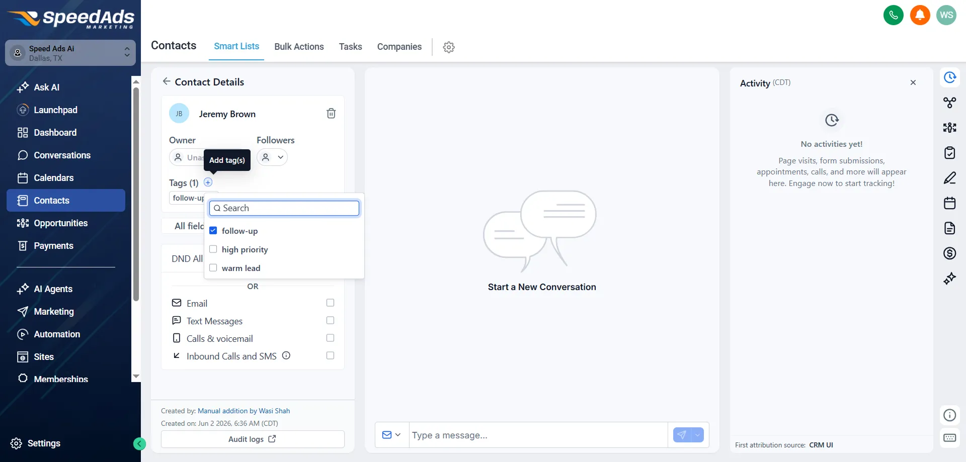 SpeedAds AI CRM — contact tagging and segmentation dashboard