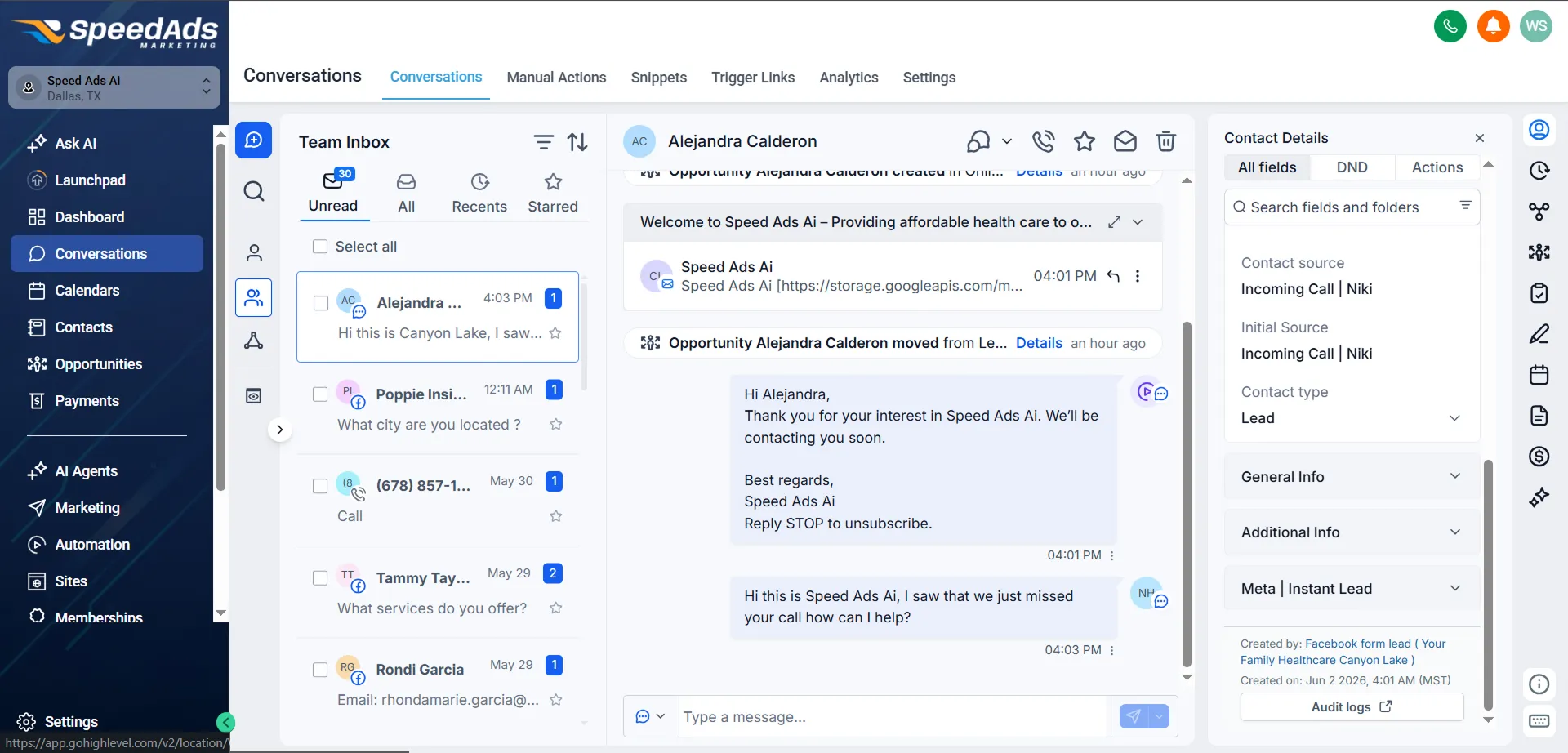 SpeedAds AI CRM — unified live chat inbox across all platforms