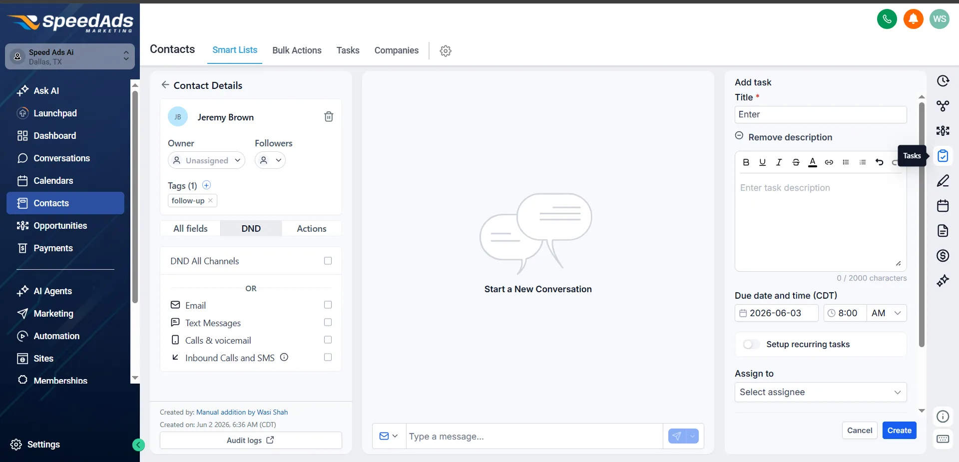 SpeedAds AI CRM — team assignment and sales deal tracking pipeline