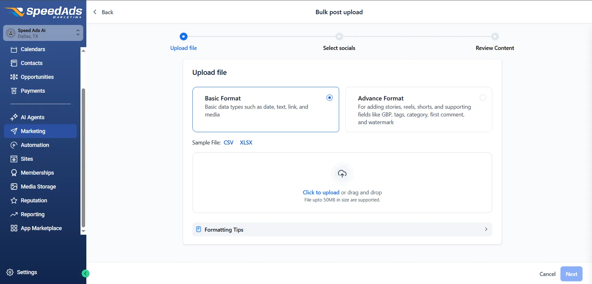 SpeedAds AI social media planner — bulk CSV upload for scheduling posts